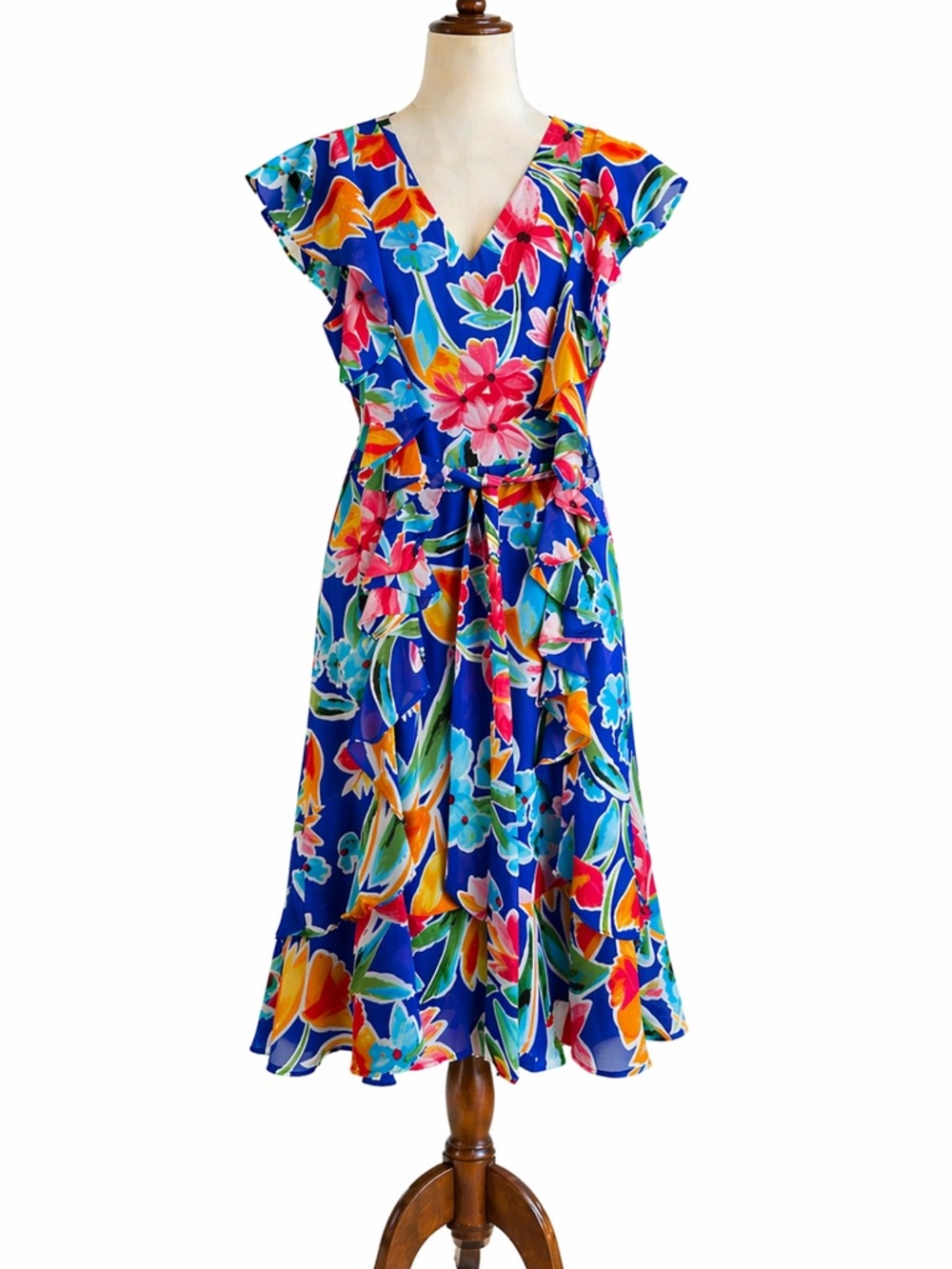 I LE New York Vibrant Blue Floral Ruffle Midi Dress Size 12